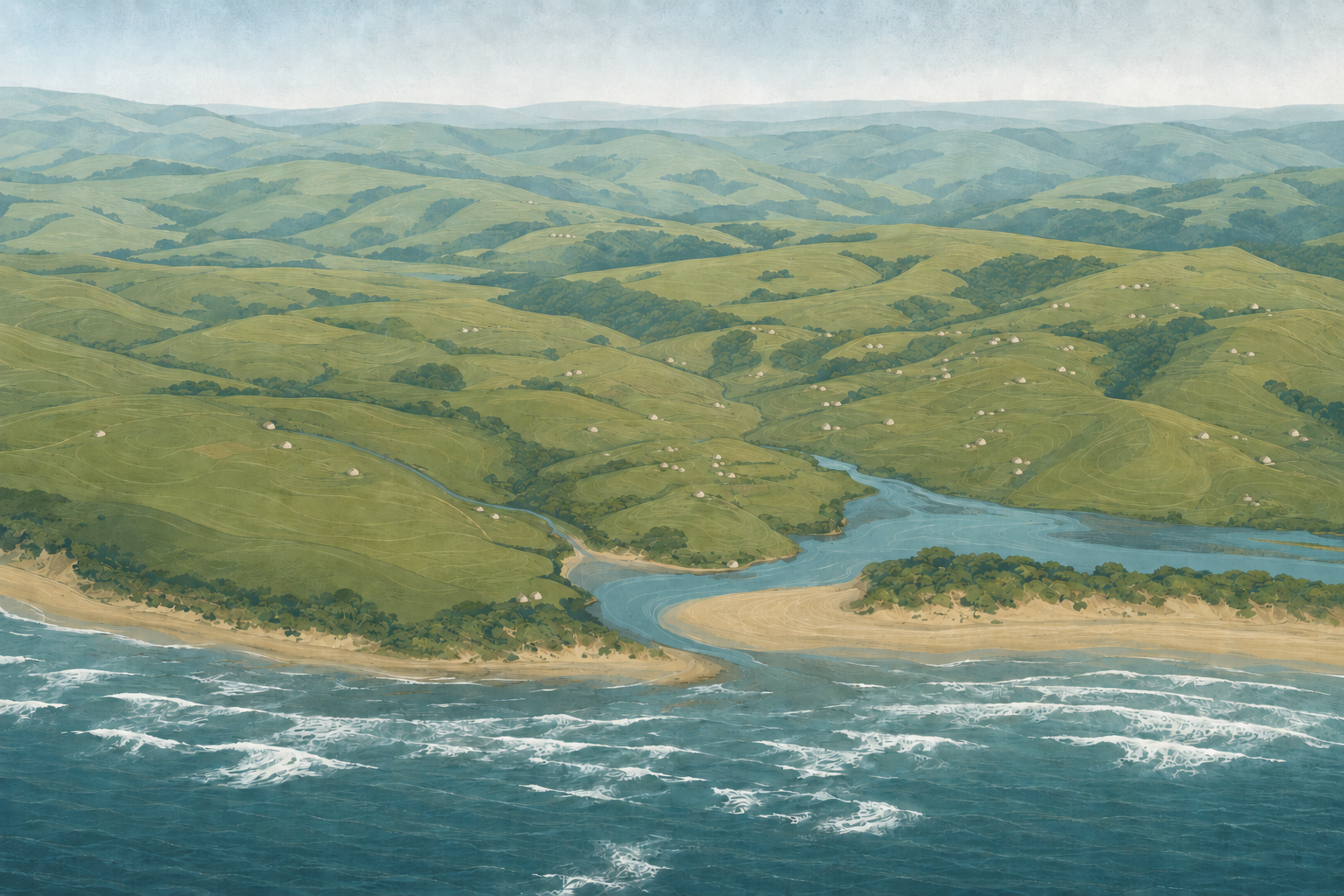 Illustrated rural coastal landscape overlaid with a data pathway and dashboard elements